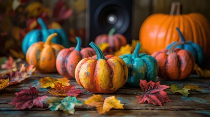 A vibrant collection of handmade plaster pumpkins and colorful leaves on a rustic table with a smart home speaker playing holiday music in the background