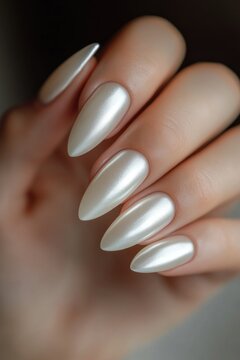 Elegant manicure with a pearly white finish, glossy and smooth texture
