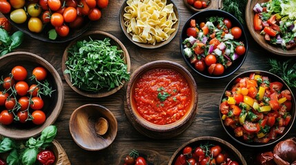 A creative flat lay of tomato-based dishes, such as salsa, pasta sauce, and a fresh tomato salad, arranged on a wooden table to showcase culinary uses