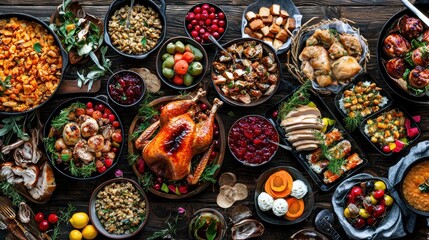 A vibrant food background featuring a variety of Thanksgiving dishes, from roasted turkey to cranberry sauce, arranged artistically on a dark wooden table