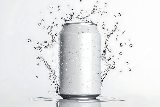 White aluminum 280 ml soda can with drops splash