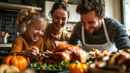 A Thanksgiving celebration in a bright, modern kitchen, where a family from different cultural backgrounds cooks and laughs together while preparing the meal