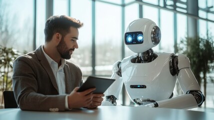 The robot conducts an interview with a person. Robot and male manager working on a project in the office, new technologies at work