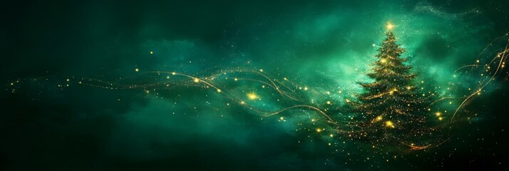 A luxurious Christmas scene with a golden glittery green Christmas tree, and softly glowing bokeh lights.