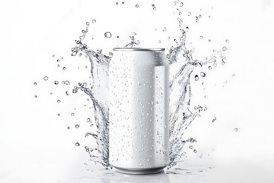 White aluminum 280 ml soda can with drops splash