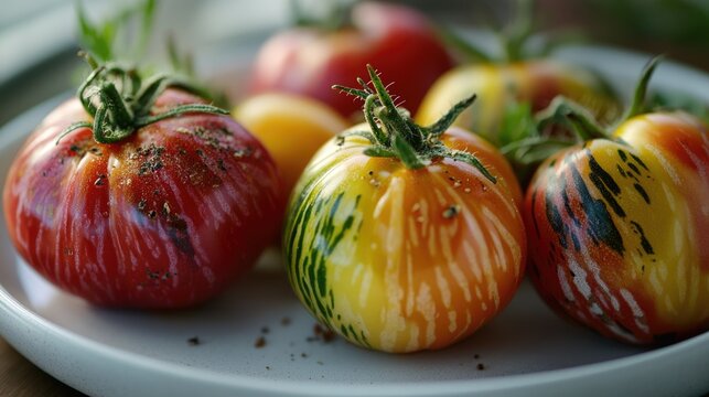 A detailed shot of heirloom tomatoes with unique colors and patterns, placed on a white plate to emphasize their gourmet quality and rich texture.