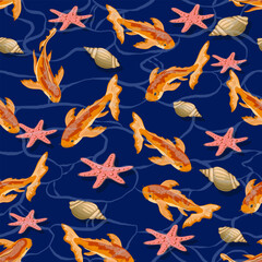 Gold fish and shells in the pattern.Vector pattern with gold fish, shells and water stars on a colored background.