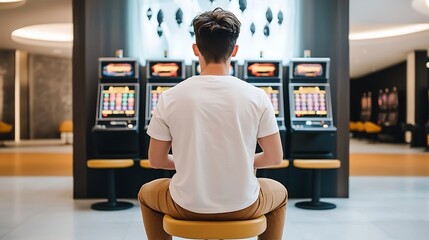 Portrait of a person struggling with gambling addiction at a slot machine in a dark casino