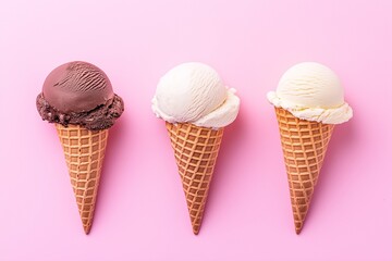 Ice cream cones with various flavors isolated on background