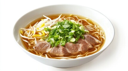 A dynamic shot of a bowl of noodle soup with clear broth, garnished with green onions, bean sprouts, and slices of meat, placed on a white background.