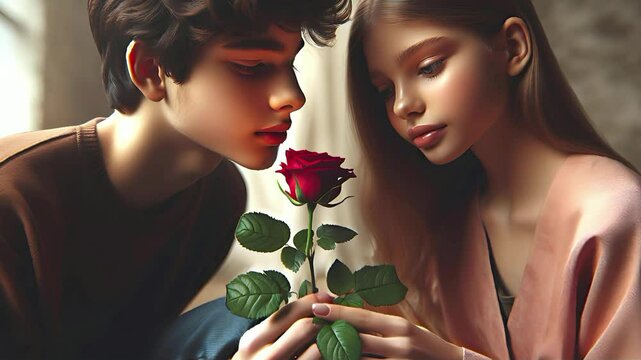 A young man and woman gently admire a red rose together, their expressions serene and contemplative. The soft lighting creates an intimate and warm atmosphere, emphasizing the shared connection and th
