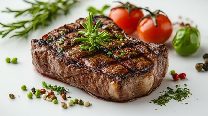 Juicy grilled steak garnished with fresh rosemary served with cherry tomatoes and spices on a white background.