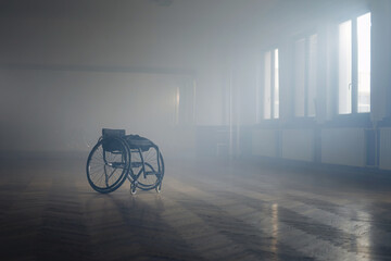 Empty dancing wheelchair at a para dance studio. Disability and sport concept.