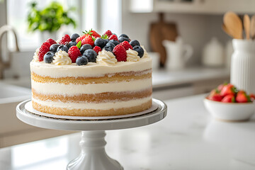 A beautifully decorated layered cake sits on a cake pedestal, adorned with whipped cream and an array of fresh strawberries, blueberries, and raspberries, in a well-lit kitchen.
