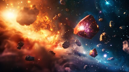 A cosmic scene filled with crystal energy, where radiant gems float among stars and nebulae, their glow illuminating the galaxy