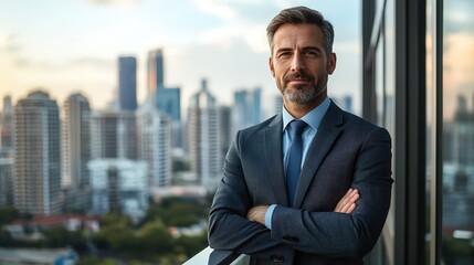 Fototapeta premium Businessperson standing confidently on a high-rise balcony, satisfied expression, cityscape below representing achievement.