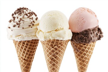Ice cream cones with various flavors isolated on background
