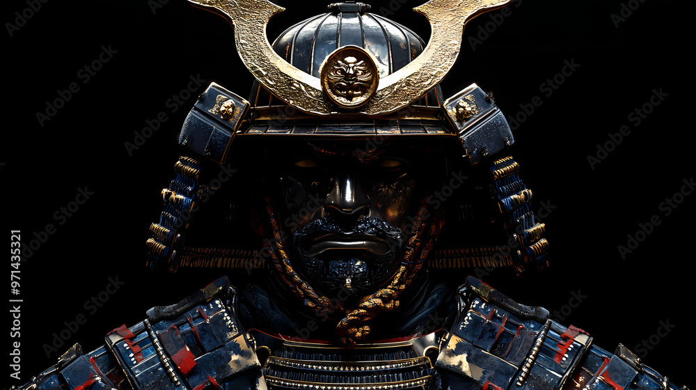 Wall mural Ancient samurai warrior portrait on plain black background from generative ai. Samurai Warrior. Illustration