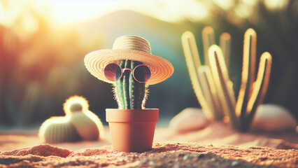 Whimsical cactus with a straw hat and sunglasses basking in the sun. Perfect for adding charm and humor to your décor or social media. Brighten your day with this fun cactus imatge