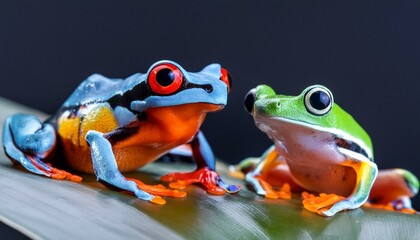 A striking close-up of two colorful tree frogs. One frog features vivid blue and red hues with striking red eyes, while the other showcases bright green and white tones with large, expressive eyes