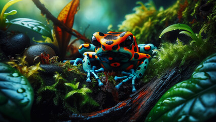 Striking image of a brightly colored poison dart frog in its lush, natural habitat, showcasing vivid blues and reds against a green background