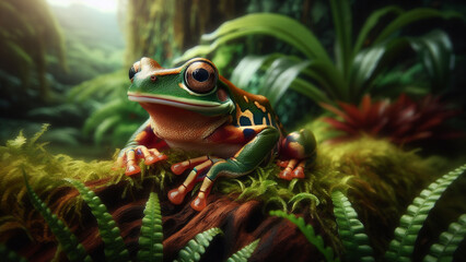 Stunning close-up of a colorful red-eyed tree frog, featuring its vivid skin patterns and large eyes, set against a lush, green rainforest backdrop