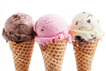 Ice cream cones with various flavors isolated on background