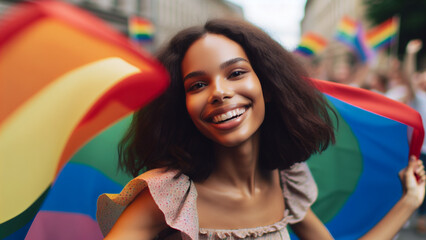 A joyful young woman celebrates at a Pride parade, surrounded by vibrant rainbow flags, embodying the spirit of inclusivity and happiness
