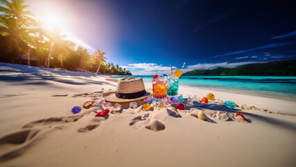 Tropical beach vacation accessories. Enjoy a perfect day at the beach with refreshing cocktails, a stylish straw hat, and vibrant gems scattered on the sand.
