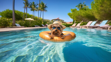 Chill Dog on Pool Float. Relaxed dog in sunglasses and hat lounging on a pool float in a sunny backyard.
