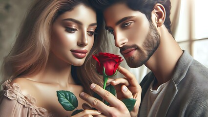 A close-up of a couple tenderly holding and admiring a red rose. Their expressions are serene, filled with love and connection. The soft, warm lighting enhances the romantic atmosphere, focusing on th