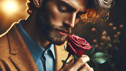 A thoughtful man holds a red rose, lost in contemplation. The golden light and soft focus emphasize the depth of the moment, symbolizing introspection, beauty, and emotion