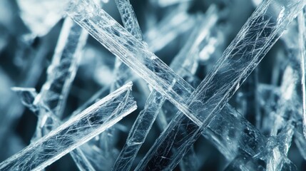 A close-up macro shot of translucent, fibrous, glass-like material with a blue tint.