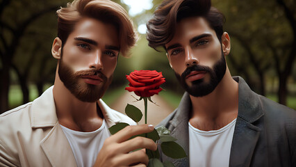 A captivating image of two men standing side by side, holding a vibrant red rose. Their gazes are strong and contemplative, symbolizing unity, love, and admiration.