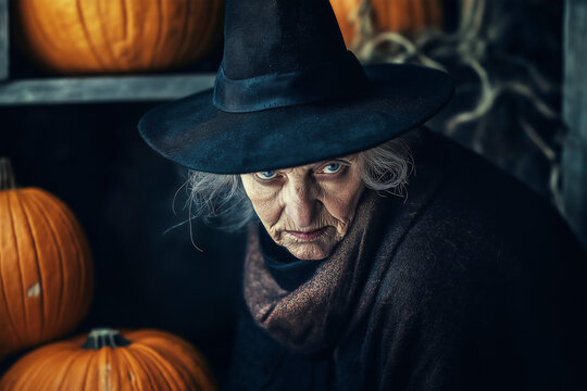 Scary old Halloween witch in pumpkin patch, she is wearing black witches hat, copy space