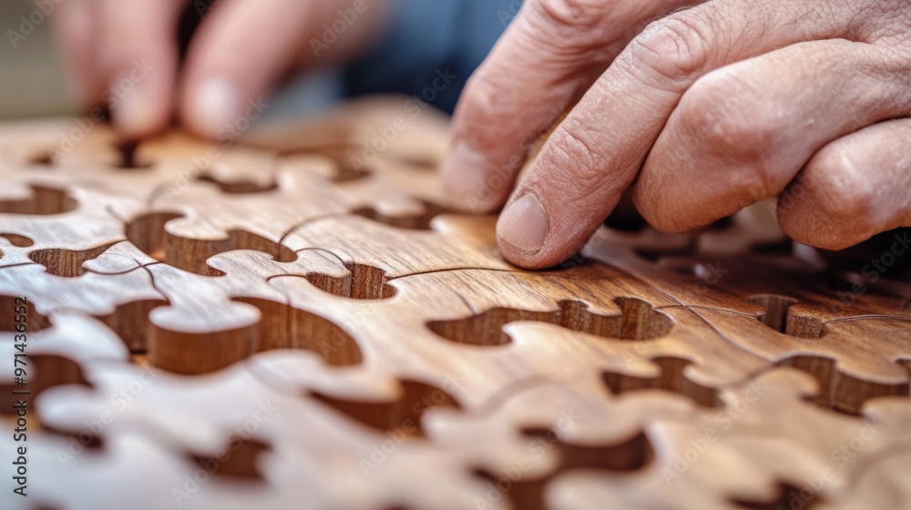 Wall mural A person is working on a jigsaw puzzle with their hands, AI