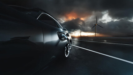 Electric vehicle charging with a backdrop of wind turbines at sunset, symbolizing clean energy and sustainability. A dramatic sky enhances the futuristic and eco-friendly theme of the image