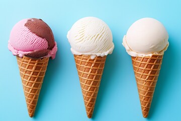 Three ice cream cones with vanilla, strawberry, and chocolate sprinkles