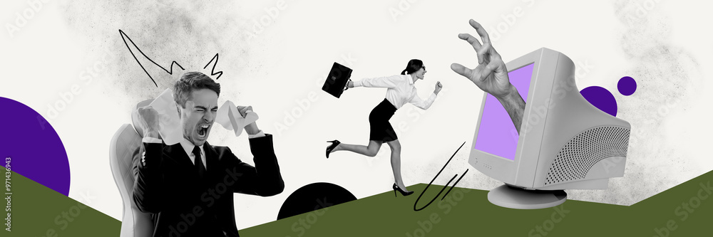 Poster collage image of stressed depressed busy people work hard office routine disorder isolated on drawin