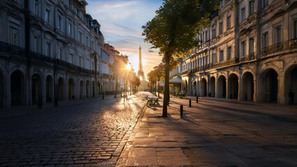Experience the tranquil beauty of a Parisian morning with this stunning footage. Sunlight bathes empty cobblestone streets, leading to a breathtaking view of the Eiffel Tower.
