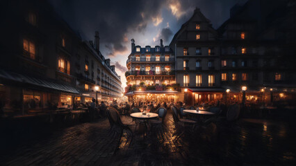 A bustling Parisian café at dusk, filled with people enjoying a lively evening under warm lights. The cobblestone streets and historic architecture create a charming, vibrant atmosphere.