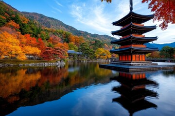 Naklejka premium A backpacking trip through the temples of Kyoto, where travelers experience the serene beauty of Japanese Zen gardens and ancient pagodas