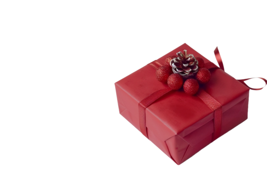 Festive Christmas gift box with holiday decorations isolated on transparent background