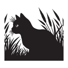Black vector silhouette of a cat peeking out from a tall grass patch. The cat’s body is low to the ground with its ears alert, suggesting a stealthy and cautious stance as it observes its surroundings