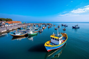 A bustling harbor at dawn, with fishermen preparing their boats, and the sea reflecting the soft, golden light of the rising sun