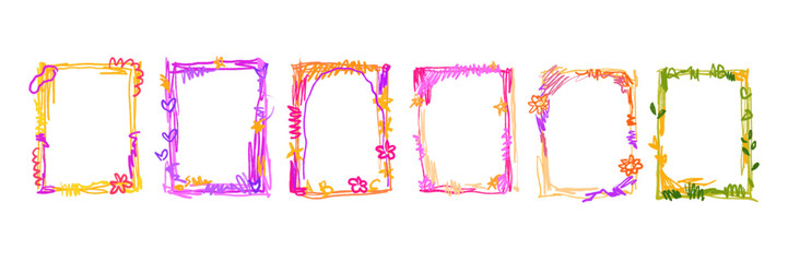 Doodle kids frame set, hand drawn scribble vector decoration border, school album photo crayon line. Cute color pencil blank rectangle simple texture greeting collage card. Kids frame print collection