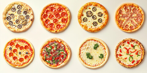 A set of pizzas with different toppings