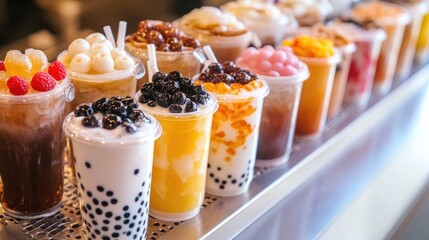 A high-angle view of a bubble tea shop counter, with freshly made drinks lined up, each with different types of boba and jelly toppings, ready for customers.