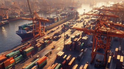 A high-angle view of a bustling industrial port with cargo ships being unloaded and containers being moved by cranes and trucks