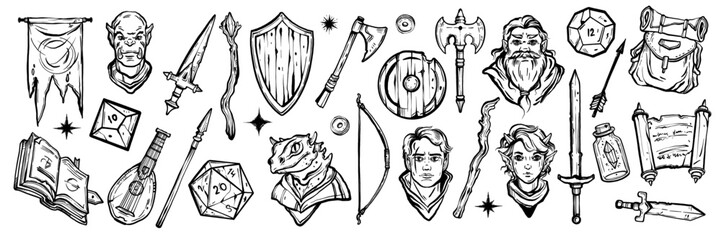 Fantasy RPG game icon, vector hand drawn dungeon dragon character face, medieval weapon, shield, bow. Role playing items doodle collection, magic book, sword, wizard staff. Fantasy icon hero art set